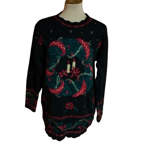Vintage Sweaters - Vtg 90s oversized Christmas Wreath Glittery Sweater